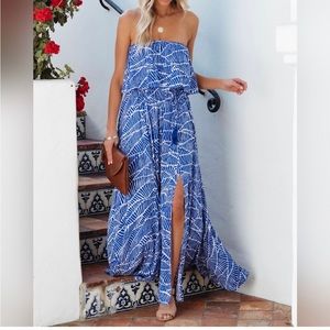 ROSHA PRINTED STRAPLESS TIE MAXI DRESS - ROYAL BLUE